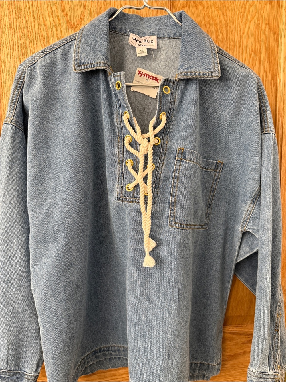 For The Republic Light Blue Denim Lace-Up Pullover with Rope Tie